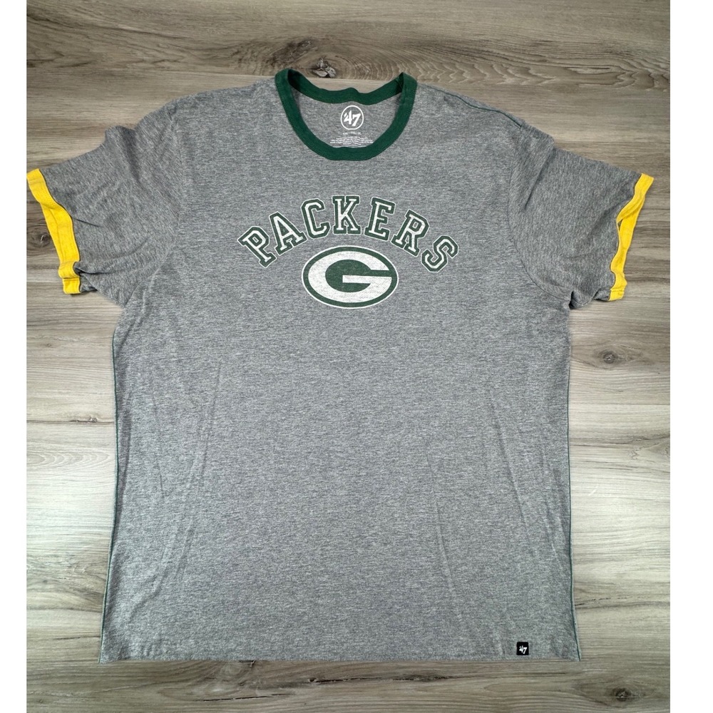 47 Brand Green Bay Packers Mens XXL Ringer T-Shirt Heather Grey NFL‎ Graphic Tee